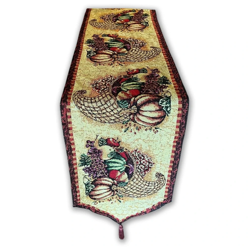 Harvest Cornucopia Table Runner Tapestry Pumpkins Grapes Fruit Fall Thanksgiving